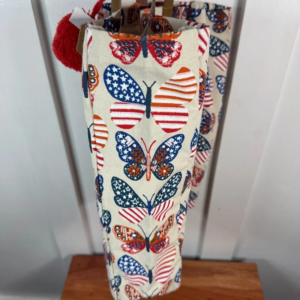 Canvas Boho Butterfly Flag Print Tote Bag Red White Blue Pom‎ Pom Red Straps